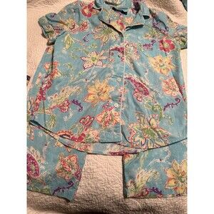 Lauren Ralph Lauren  Blue Cotton Floral Button-Down Pajama Set Crop Pants